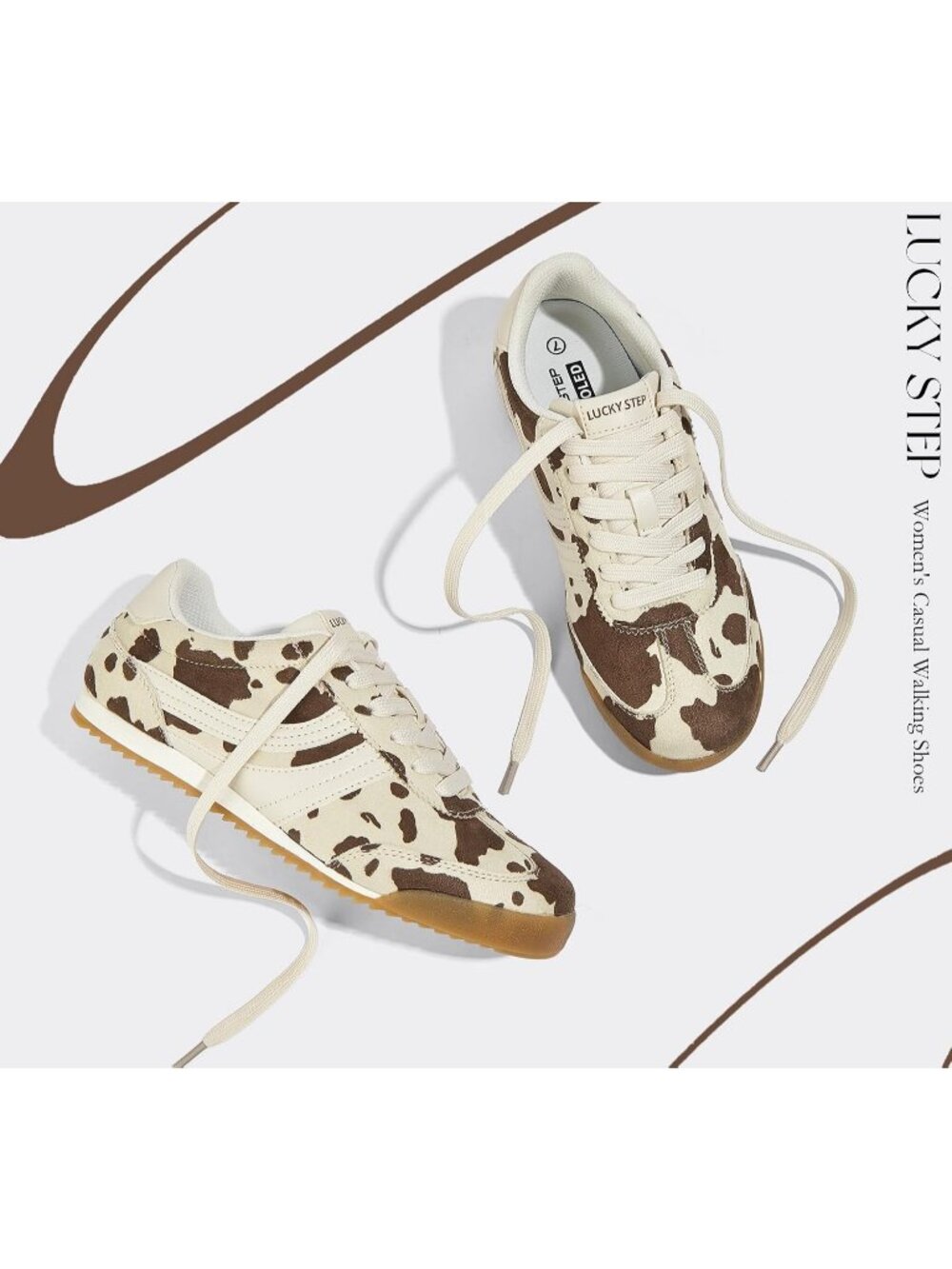 Women's Cow Print Lightweight Thin Sole Lace up Anti Slip Classic Retro Sneakers - Picture 6 of 6